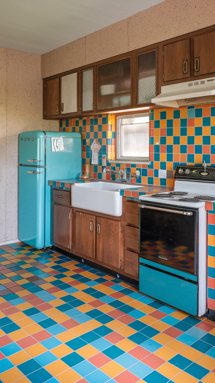 Vibrant mosaic tiles, colorful designs, bathroom focal point, kitchen accents, 70s-inspired patterns, updated color palettes, modern interpretations