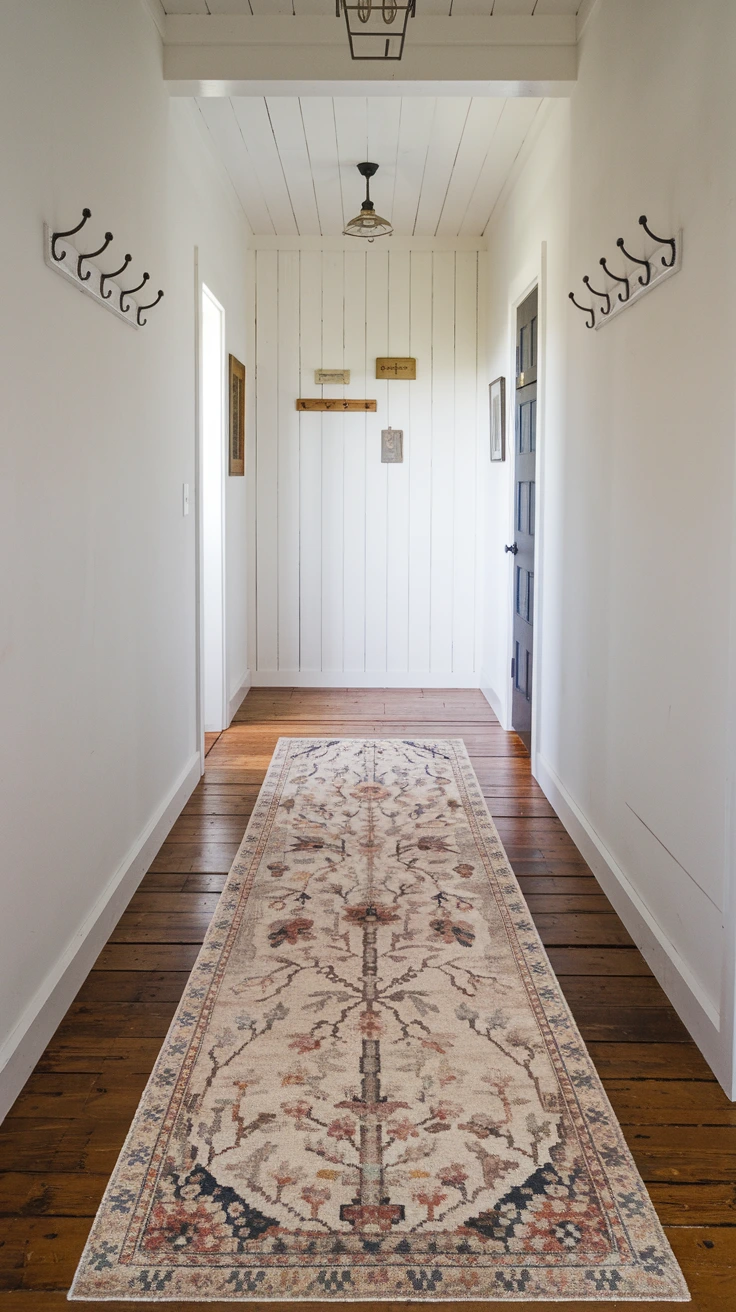 Antique hallway runner, patterned rug, farmhouse decor, worn vintage look, cozy corridor