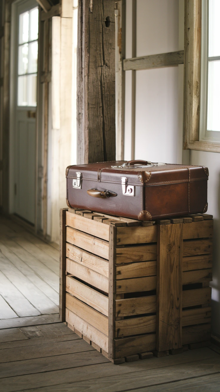 Stacked antique suitcases, farmhouse storage solution, nostalgic travel decor, rustic hallway organization