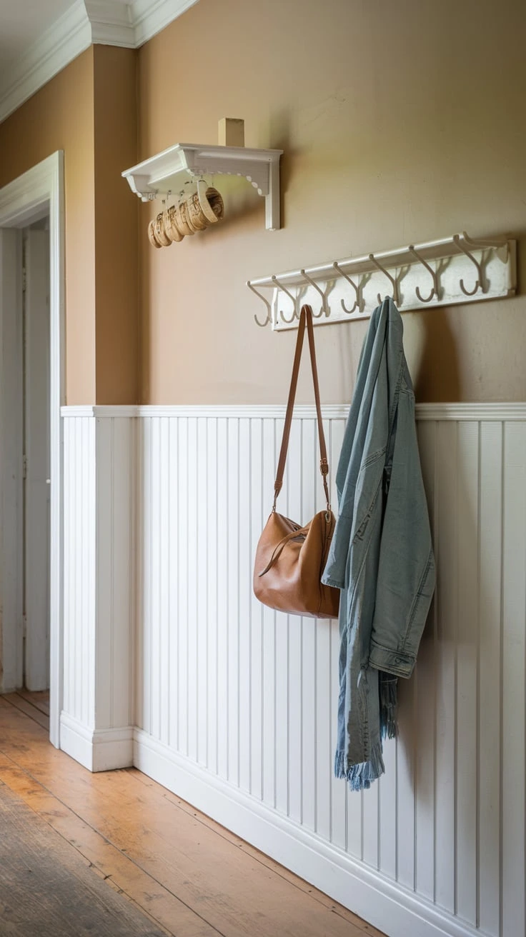 Farmhouse wainscoting, wall paneling with coat hooks, rustic hallway storage, classic wall treatment