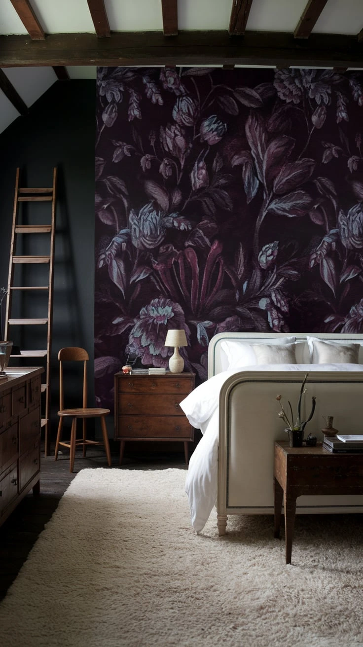 Rustic bedroom with dark floral wallpaper, vintage furniture, cozy textures, contrast decor, warm lighting, farmhouse style, intimate atmosphere, moody colors, natural elements, statement wall