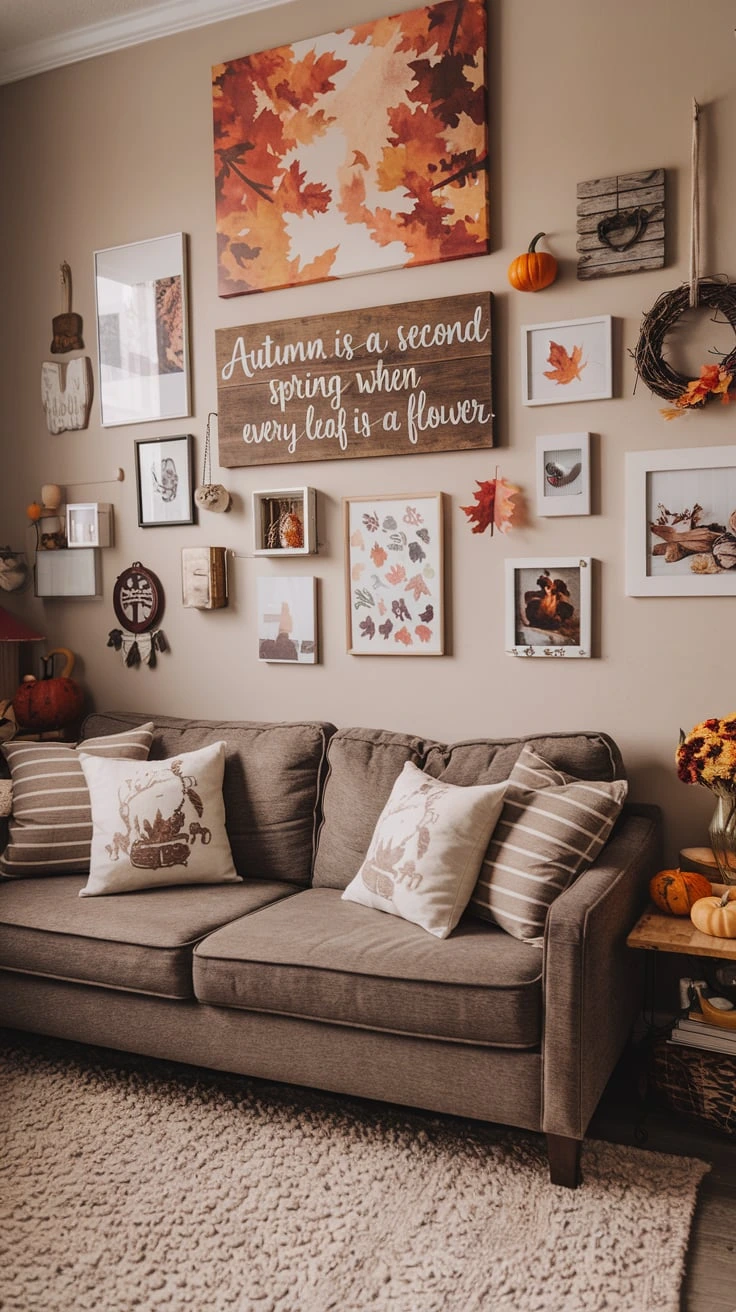 Grey couch with autumn wall art, fall gallery, seasonal prints, cozy decor, living room style, warm colors, artistic touches, rustic signs, eclectic mix, inviting atmosphere