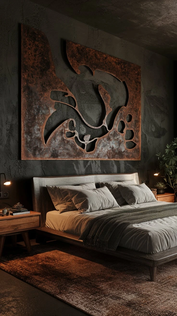 Rustic bedroom with metal wall art, dark walls, vintage furniture, cozy textures, warm lighting, farmhouse style, intimate setting, contrast decor, natural elements, moody atmosphere