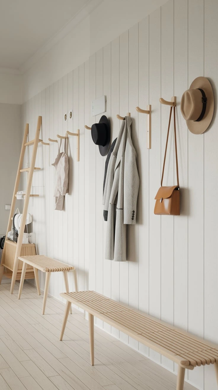 Minimalist wall hooks, Scandinavian hallway storage, Nordic-inspired coat hangers, simple entryway organization, modern wall fixtures, functional decor, clean design