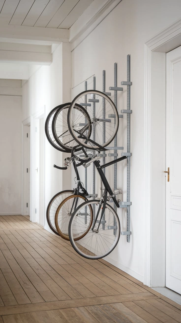 Bicycle wall mount, Scandinavian storage solution, Nordic-inspired bike rack, minimalist hallway organizer, modern cycling storage, functional wall art, space-saving design