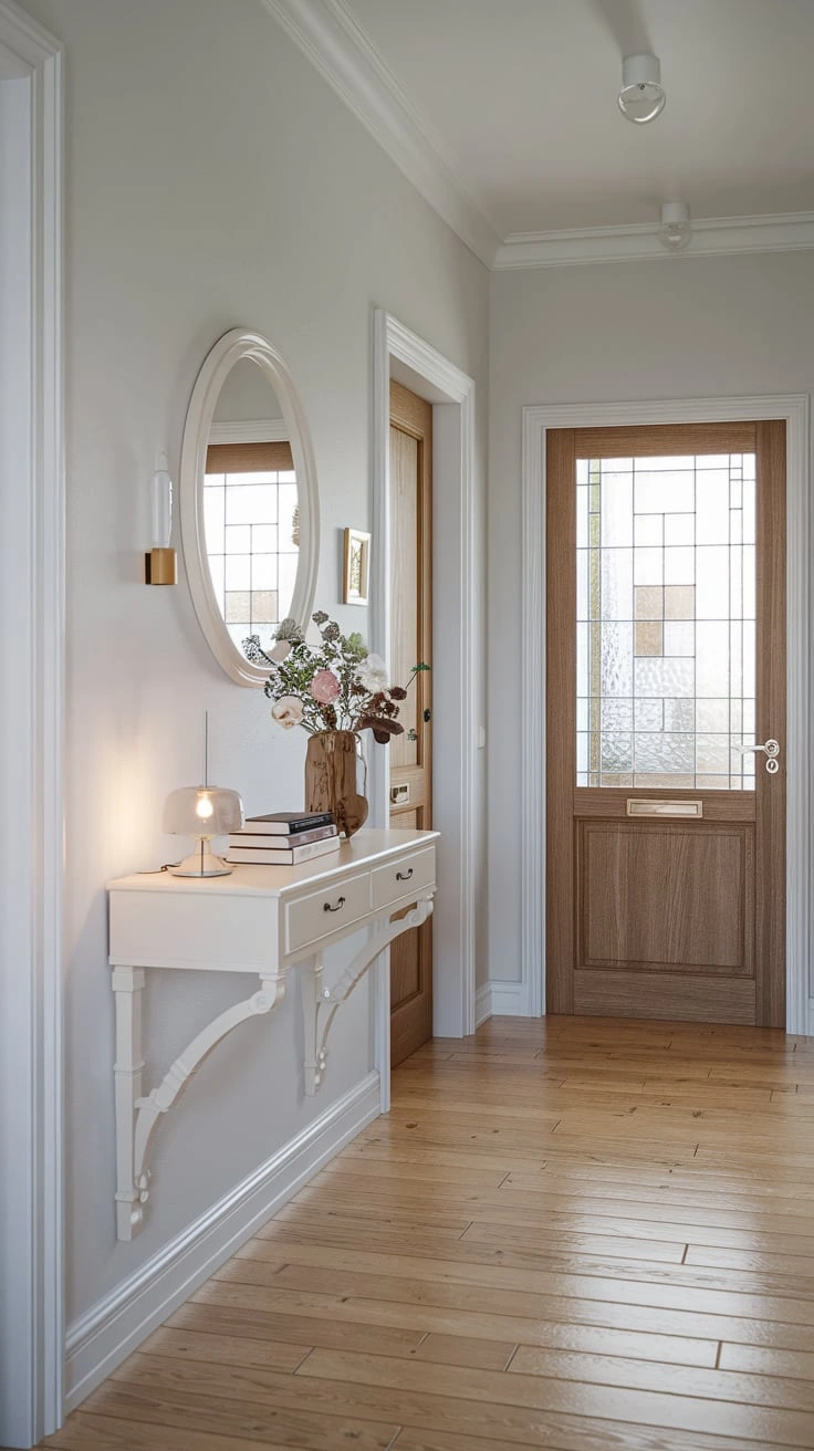 Floating console table, Scandinavian space-saving furniture, Nordic hallway design, minimalist wall-mounted shelf, sleek entryway solution, modern storage, clean lines