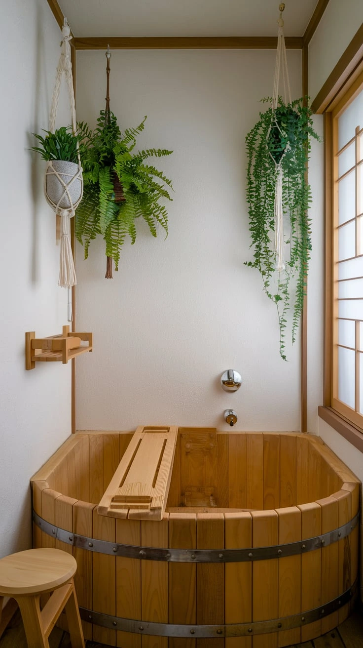 Hanging plants, ferns, bathroom greenery, Japanese-inspired decor, natural elements, humidity-loving plants