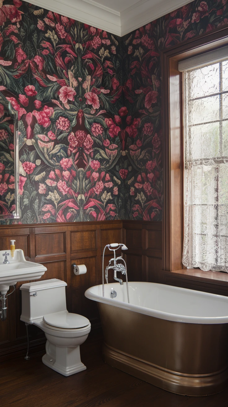 Victorian wallpaper patterns, period-appropriate wall coverings, luxury bathroom decor, vintage-inspired designs, damask prints, floral motifs, elegant wall treatments, historical accuracy, rich bathroom textures, classic interior design