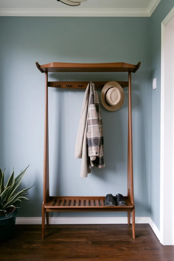 Walnut coat hooks, mid-century modern organization, wooden wall hooks, retro entryway, minimalist design, hallway storage, warm wood tones, functional decor, vintage-inspired, clean lines