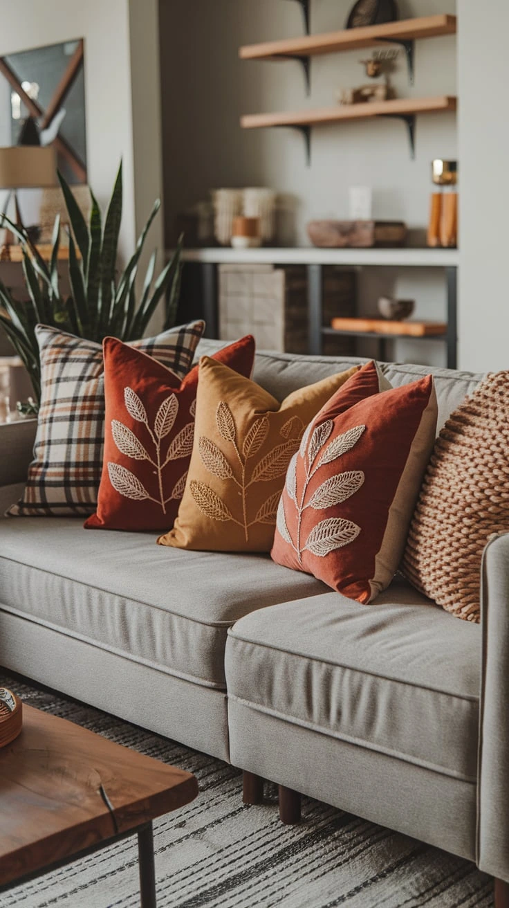 Cozy grey couch with autumn throw pillows, fall decor, rustic comfort, seasonal accents, warm colors, plaid pattern, texture mix, living room style, inviting ambiance, harvest hues