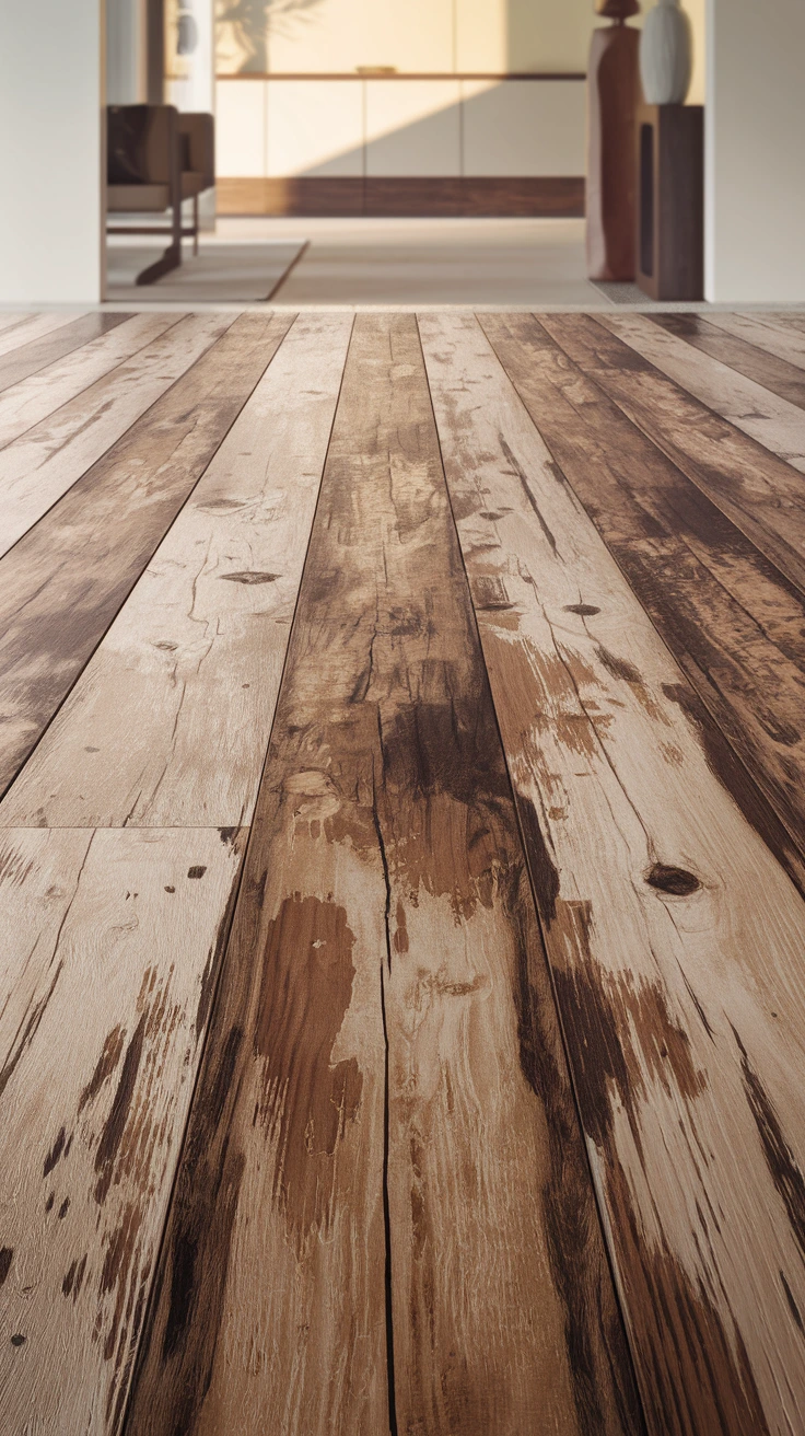 Weathered barnwood flooring, rustic charm, distressed look, vintage, reclaimed wood, cozy, character, living room, home atmosphere, interior warmth