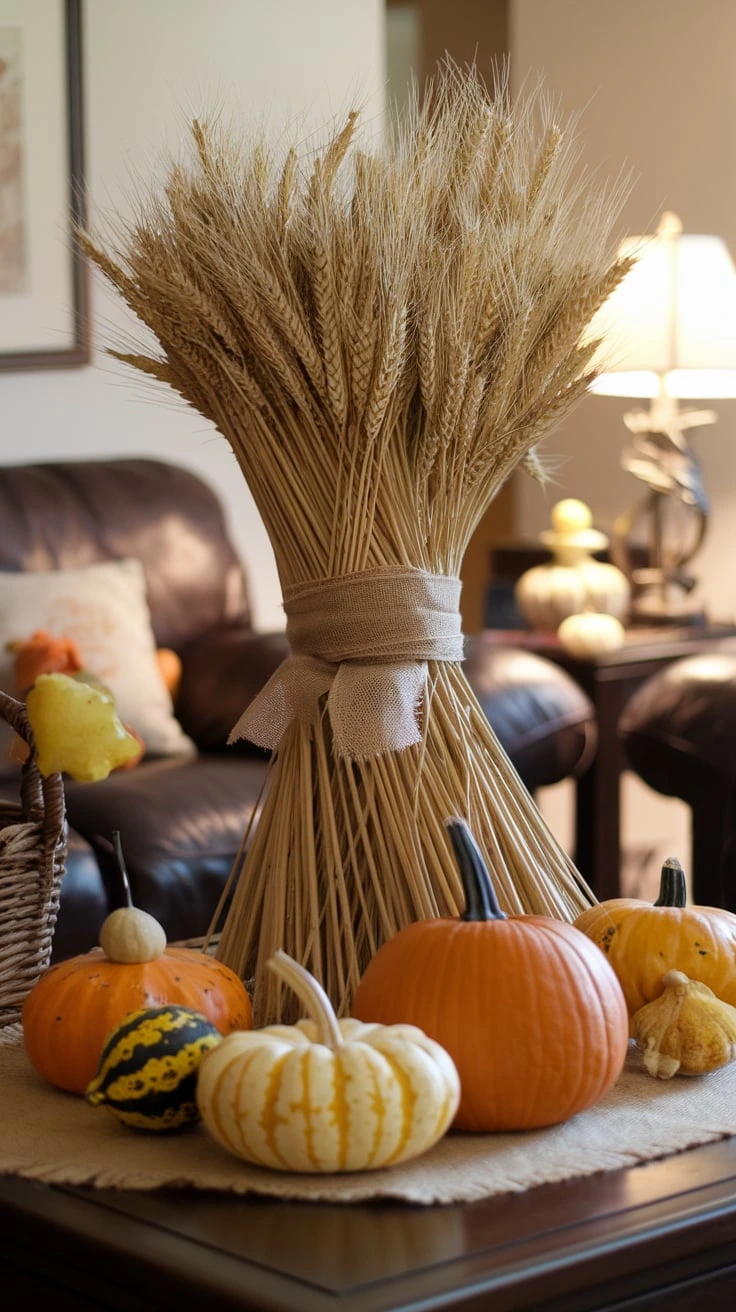 Wheat sheaf centerpiece harvest dried stalks ribbon golden texture autumnal decor