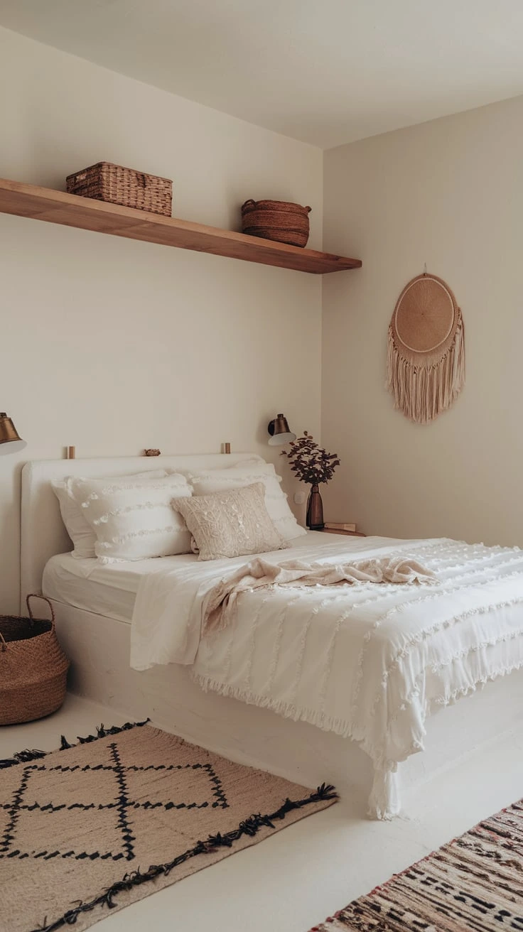 Textured white bedding, minimal boho bedroom, cozy bed linens, neutral bedroom decor