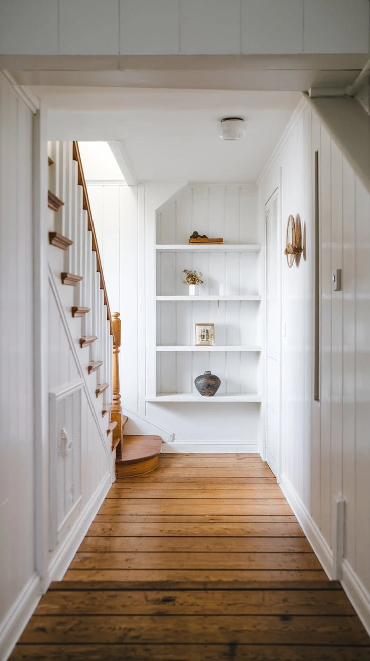 Bright Scandinavian hallway, white walls, minimal interior, spacious entryway, Nordic style, light airy space, modern home entrance