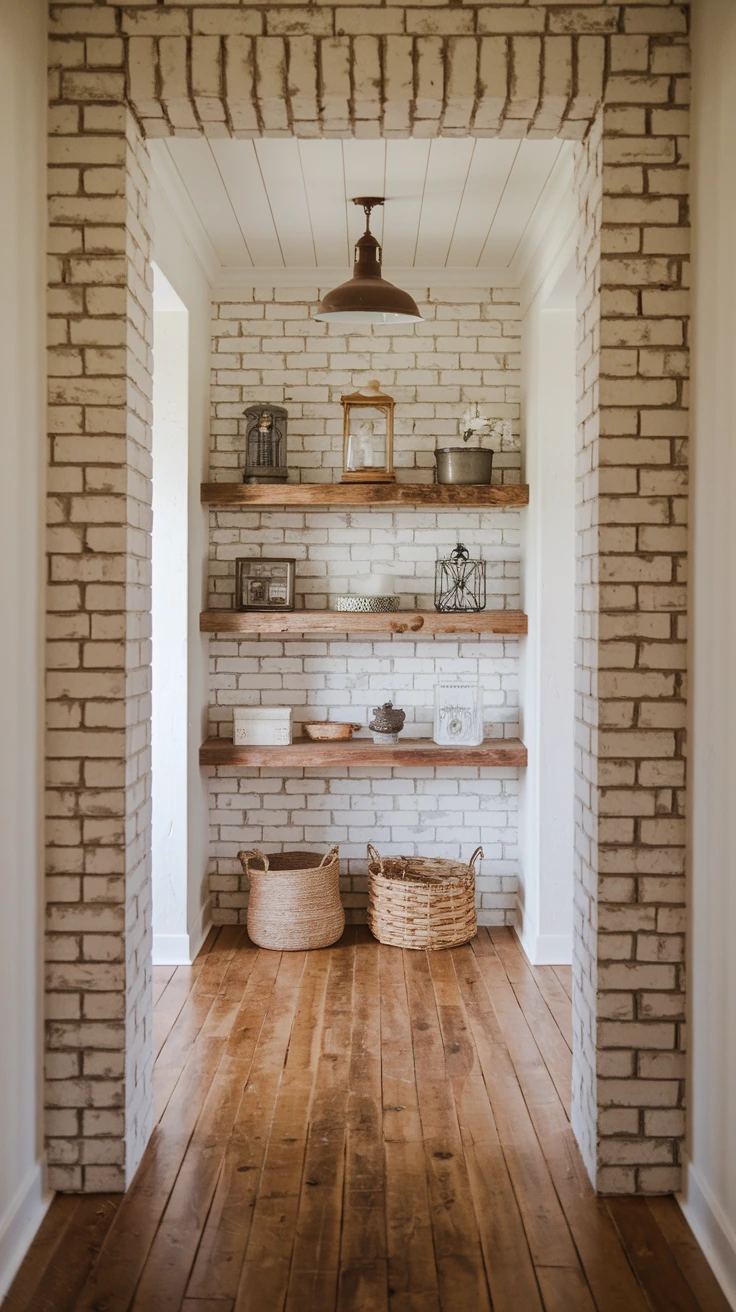 Whitewashed brick wall, farmhouse accent, rustic texture, bright hallway design