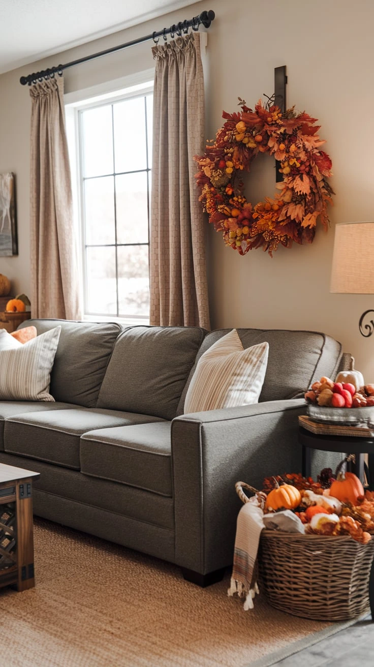 Grey couch with fall curtains, autumn window decor, seasonal drapery, cozy atmosphere, living room style, warm fabrics, natural light, inviting space, layered textures, home ambiance