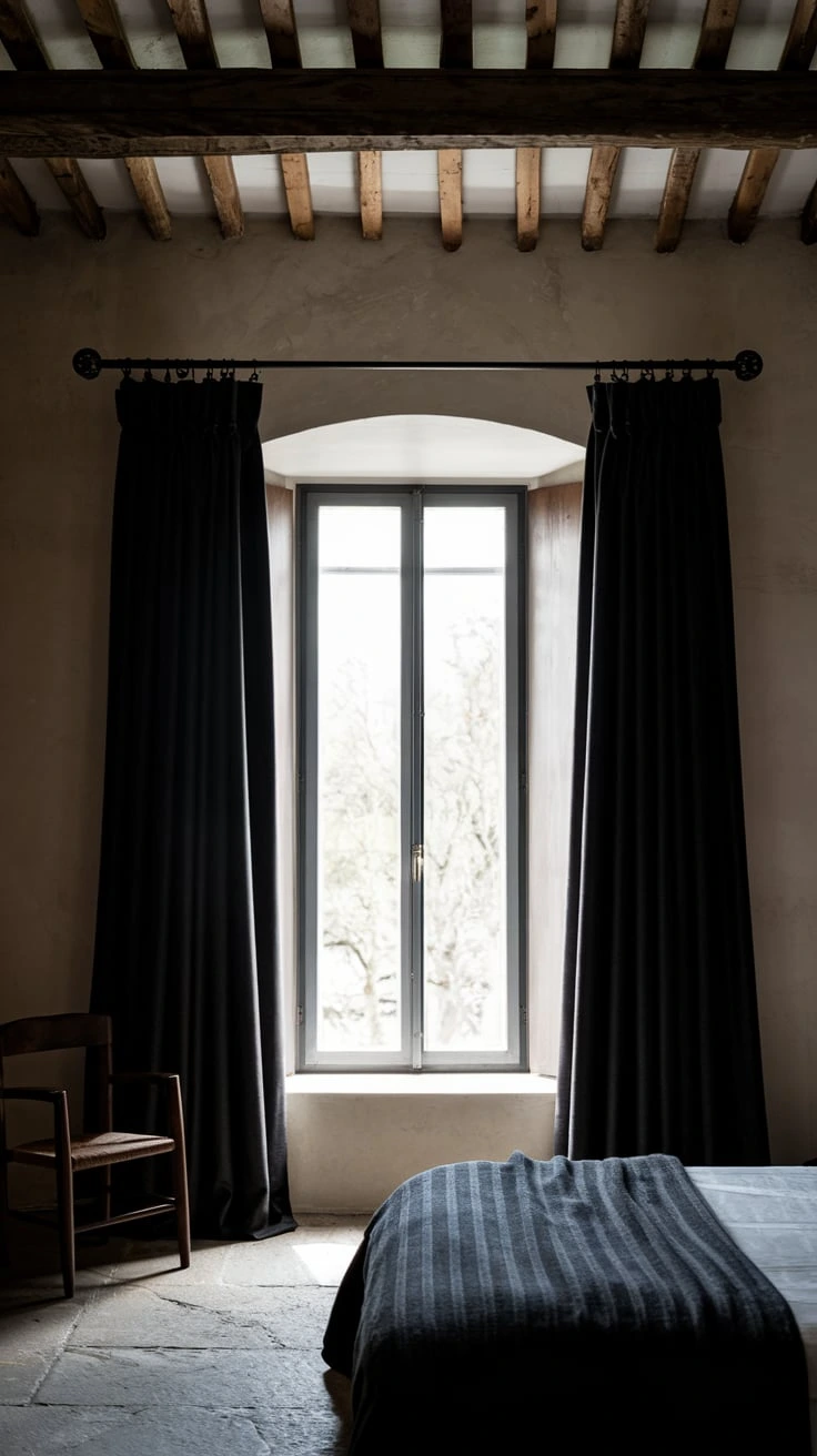 Rustic bedroom with black iron curtain rods, heavy dark curtains, wooden furniture, cozy textures, warm lighting, farmhouse style, intimate setting, contrast decor, moody atmosphere, vintage elements