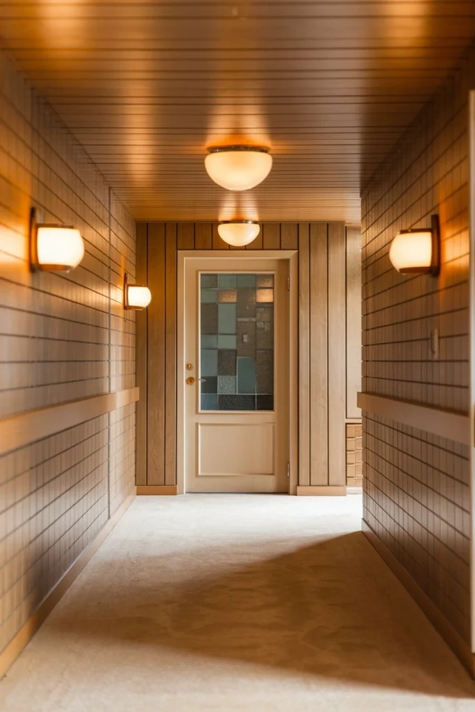 Wood paneling, mid-century modern walls, warm wood tones, retro interior, textured surface, vintage charm, hallway feature, natural materials, architectural detail, rustic elegance