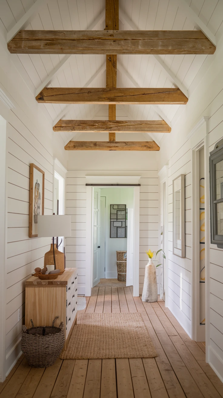 Rustic wooden beams, exposed ceiling structure, farmhouse architectural detail, cozy hallway