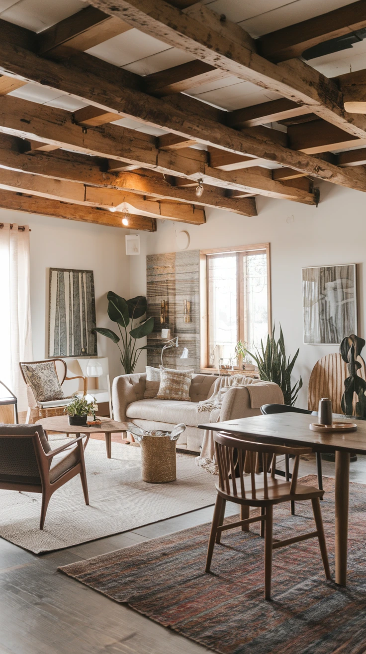 Wooden beam ceiling rustic architectural element boho-inspired natural texture warmth