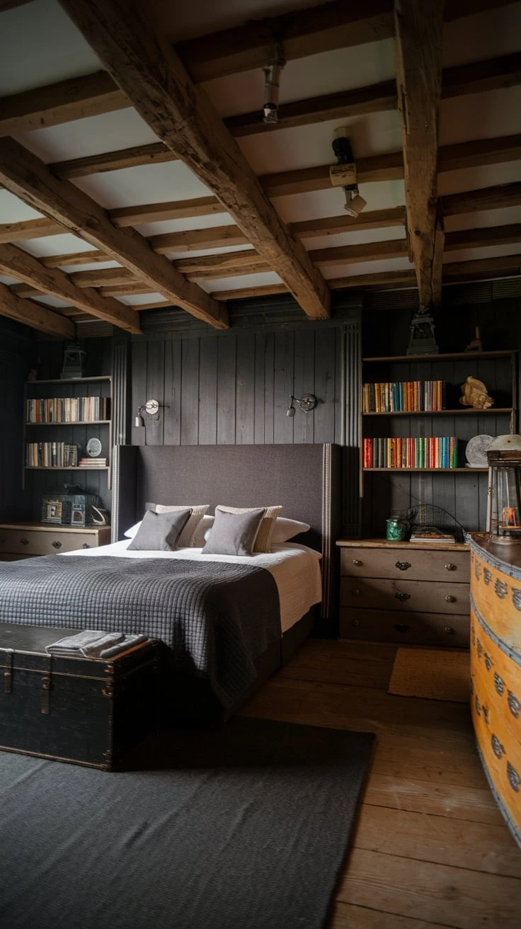 Rustic bedroom with exposed wooden beams, dark walls, vintage furniture, cozy textures, warm lighting, farmhouse style, intimate atmosphere, contrast elements, natural materials, moody decor