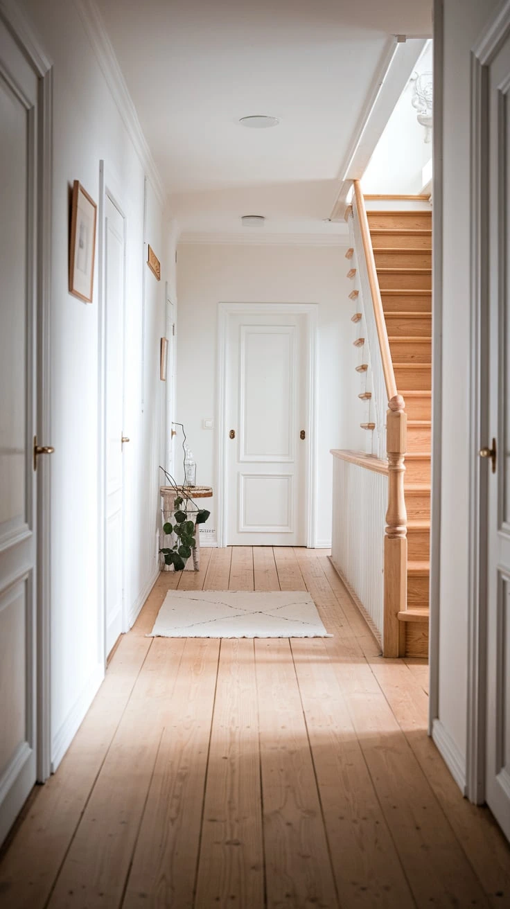 Light wood flooring, warm oak planks, Scandinavian interior, natural hardwood, durable hallway flooring, Nordic home design, rustic charm