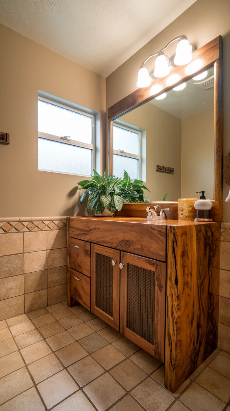 Wooden vanity, natural bathroom furniture, rustic storage solution, warm brown tones, textured wood grain, forest-inspired decor, earthy bathroom design, durable cabinetry, organic bathroom elements, eco-friendly vanity