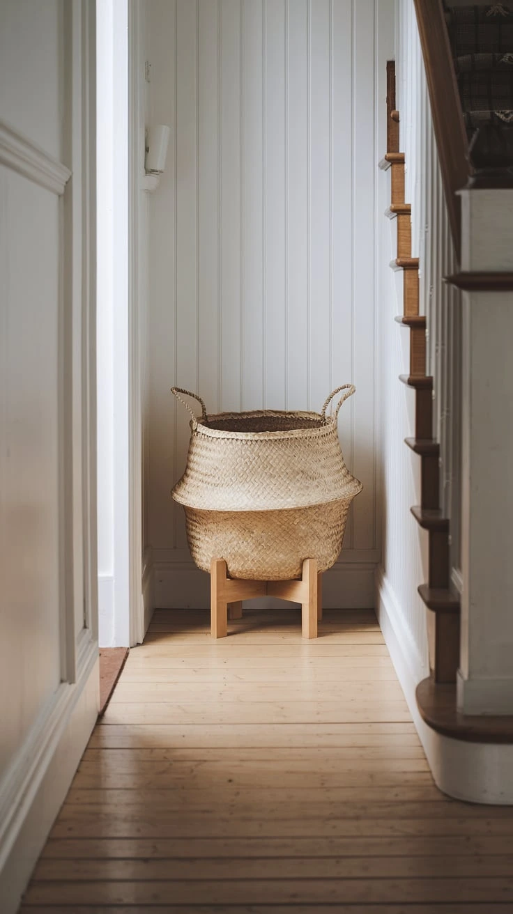 Natural fiber storage basket, Scandinavian hallway organization, textured decor element, Nordic style container, minimalist entryway storage, functional woven decor