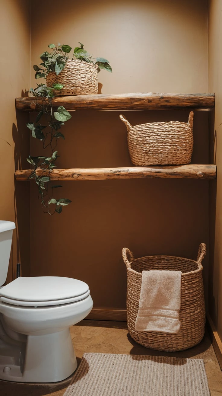 Woven baskets, natural storage solution, rustic bathroom organizer, textured decor, eco-friendly containers, earthy bathroom accessories, versatile storage, warm accents, handcrafted elements, boho bathroom decor