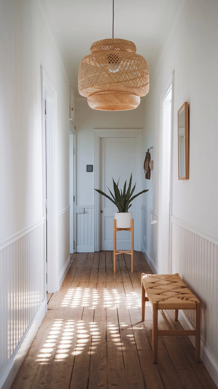 Rattan pendant light, Scandinavian lighting design, Nordic ceiling fixture, natural material lamp, textured hallway lighting, bohemian-inspired decor, warm ambient light