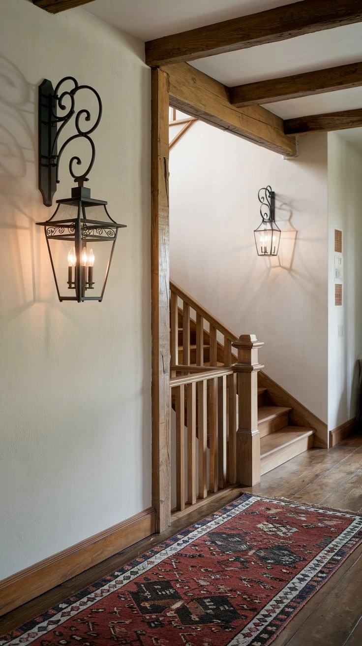 Rustic wrought iron sconces, farmhouse lighting, vintage-inspired lamps, hallway illumination