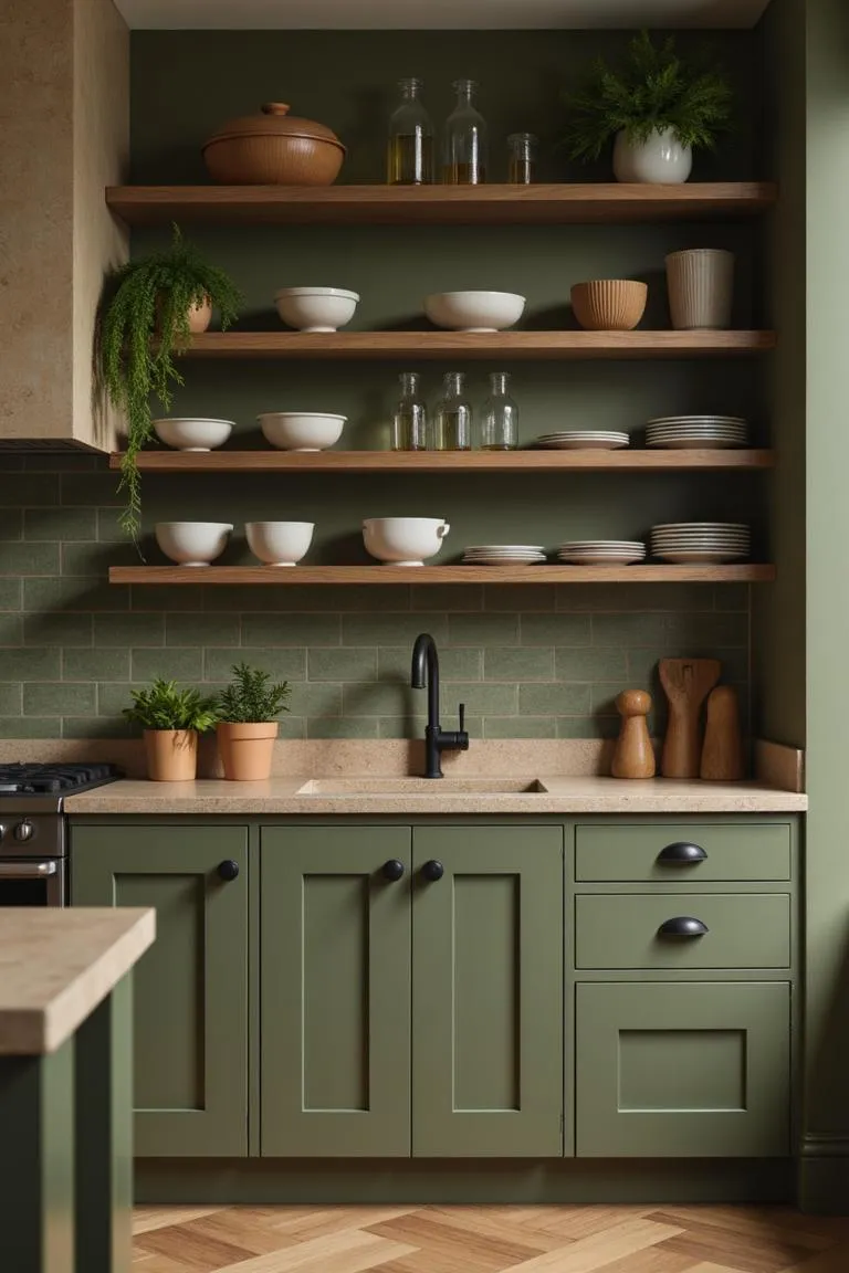 7. Olive Green Open Shelving